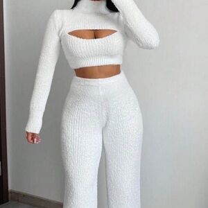 SHEIN White Knit Wide Leg Pants & Cutout Top Set